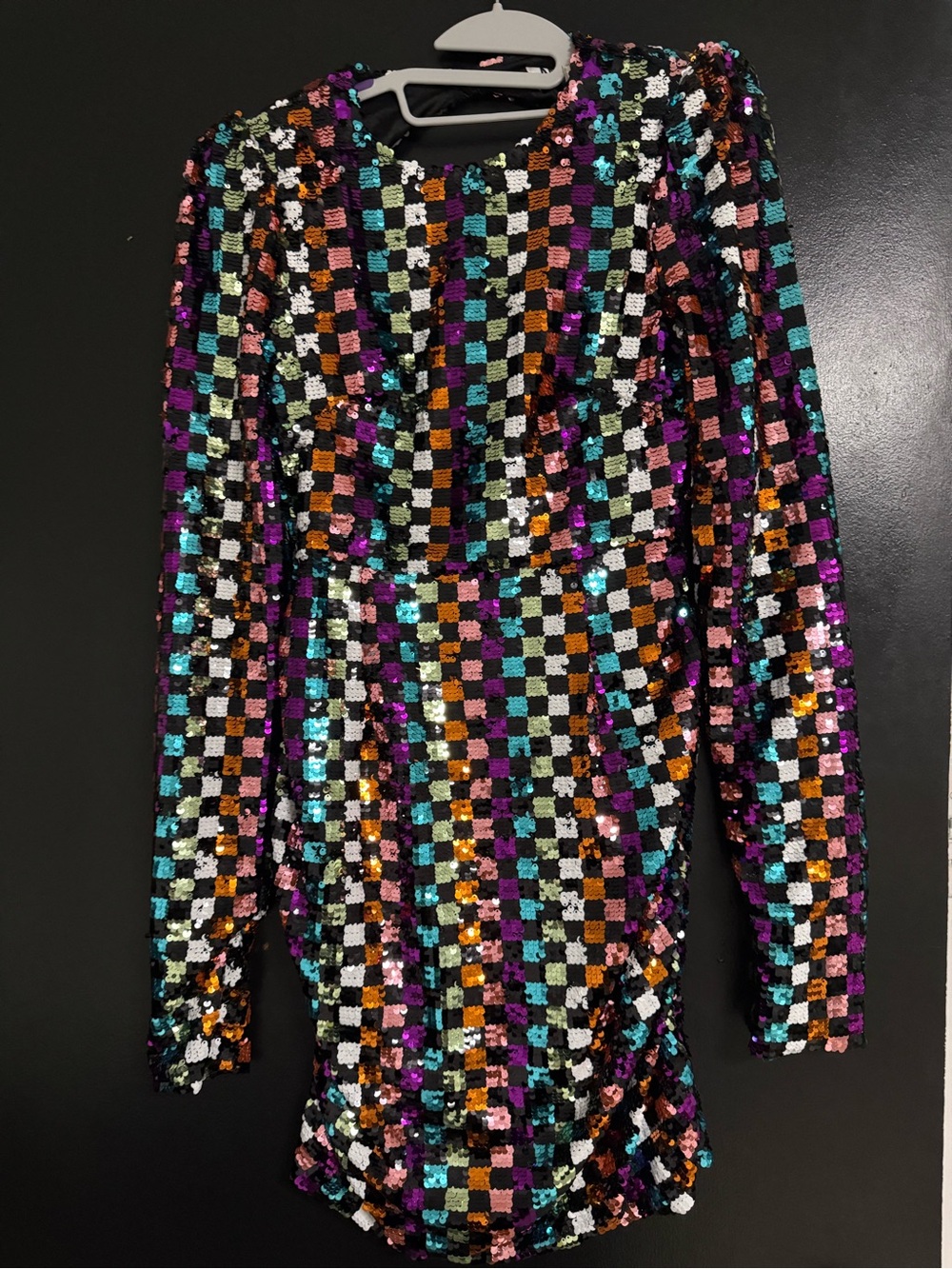 Sequin Checkered Long-Sleeve Mini Dress - Multicolor